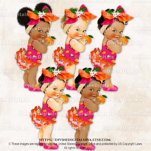 Chaussures en strass à gros nœuds orange fuchsia Little Cutie Mandarine Clémentine | 3 tons de peau de bébé fille | Clipart à téléchargement immédiat