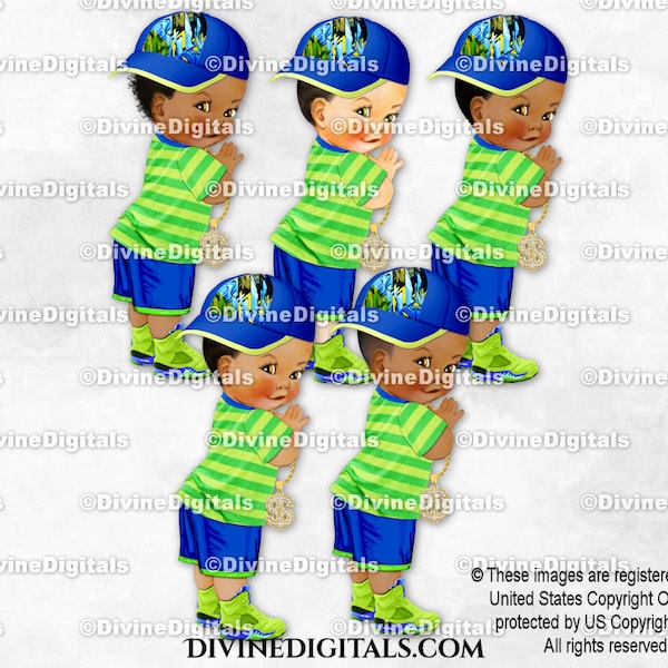 Little Prince Royal Blue & Fresh Green Cap Hat Sneakers Gold Chain Diamonds | Baby Boy 3 Skin Tones | Clipart Instant Download