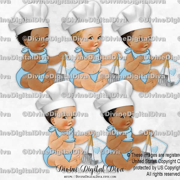 Little Chef Light Blue White Chef Hat Check Scarf Pot Holder Spatula Ladle | Sitting Baby Boy 3 Skin Tones | Clipart Instant Download