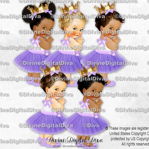 Vestido de fiesta de tul de princesa lavanda con lazo en el tobillo y corona dorada para niña, 3 tonos de piel. Descarga instantánea de clipart.