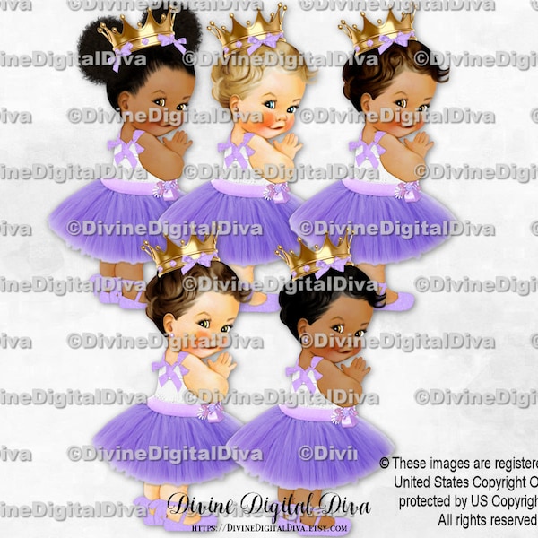 Princess Lavender Tulle Party Dress Ankle Ribbon Shoe Gold Crown | Baby Girl 3 Skin Tones | Clipart Instant Download