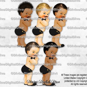 Kleiner Mann schwarze Fliege Windel & Schnurrbart | Baby Boy 3 Hauttöne | Clipart Sofort Download