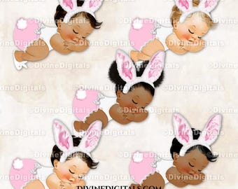 Pantalon à volants rose avec oreilles de lapin de Pâques Clipart de bébé fille qui dort au printemps