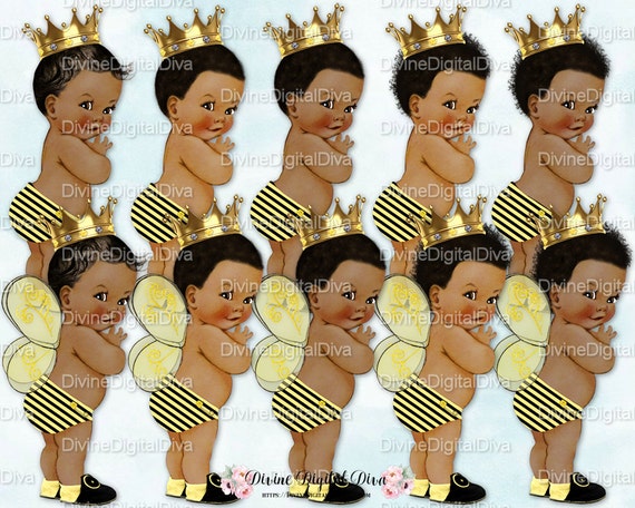 Bumble Bee Little Prince African American Set Clipart Instant Download Gold Crown Bee Outfit w Wings and wout