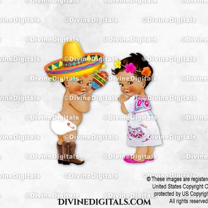 Mexican Fiesta felroze witte geborduurde jurk bruine laarzen | Middelgrote babyjongen, meisje | Gender Reveal-tweeling | Clipart direct downloaden
