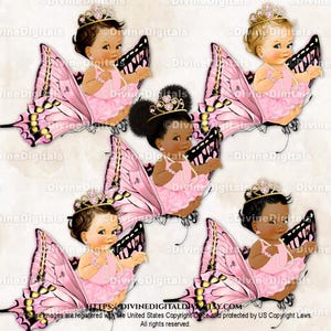 Princess Butterfly Pink Tutu Gold Tiara Pearls | Sitting on Flying Butterfly | Baby Girl 3 Skin Tones | Clipart Instant Download