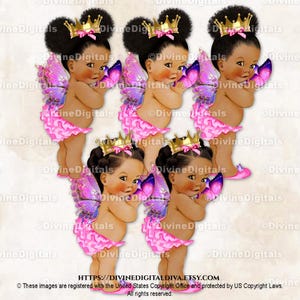 Butterfly Princess Pink Lavender Purple Wings Gold Crown | Baby Girl Babies of Color African American Ethnic | Clipart  Instant Download