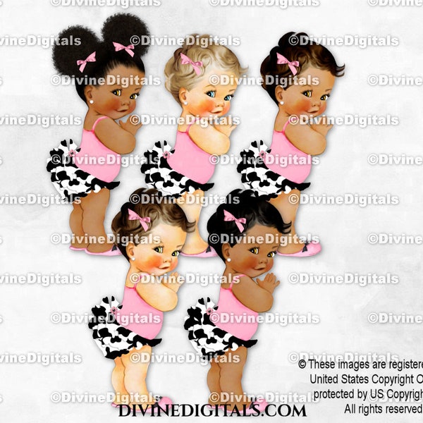 Princess Ruffle Pants Animal Cow Print Slippers Black White Pink | Baby Girl 3 Skin Tones | Clipart Instant Download