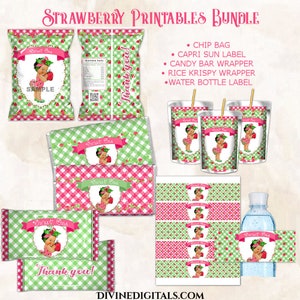 May include: Printable party supplies for a strawberry-themed baby shower. The set includes a chip bag, Capri Sun label, candy bar wrapper, Rice Krispies wrapper, and water bottle label. Each design features a cute cartoon baby girl with strawberries and the text "Sweet One".
