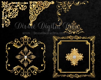 Gold Frames Corners Ornaments Accents | Diamonds Scrolls Metallic Florals Ornate | Clipart Digital Instant Download