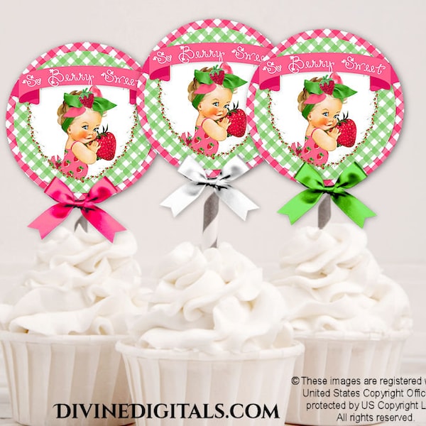 Cupcake Topper Strawberry Theme Pink Green Gingham | Baby Girl Light Tone Blonde Hair | Digital Instant Download