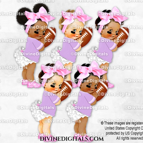 Football Player Big Bow Pink Lavender & White Ruffle Pants Ball Jersey Cleats | Baby Girl 3 Skin Tones | Clipart Instant Download