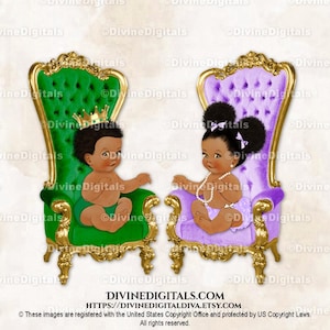 Chaise Trône Vert émeraude Lavande Or | Bouffées bébé garçon fille assise | Afro-américain | Sexe révélateur des jumeaux | Clipart à téléchargement immédiat