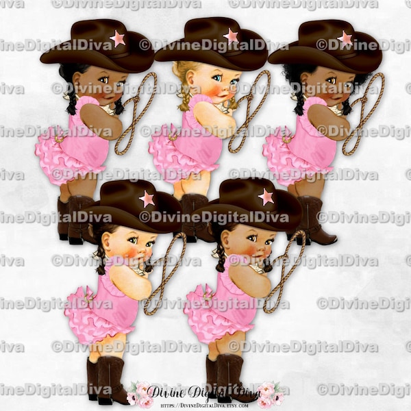 Little Cowgirl Pink & Brown Cowboy Hat Boots Scarf Lasso Braids Pink Bows | Baby Girl 3 Skin Tones | Clipart Instant Download