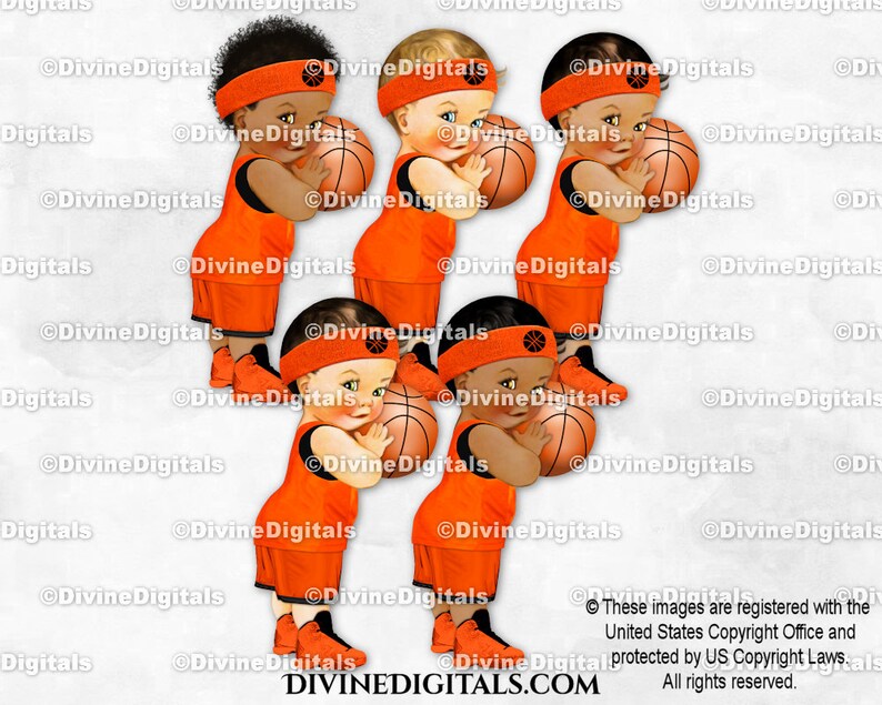 Little Prince Basketball Player Naranja & Negro Jersey Sweatband Zapatillas / Bebé Niño 3 Tonos de Piel / Clipart Descarga Instantánea imagen 1