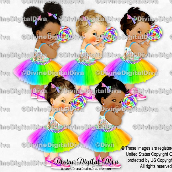 Candy Girl Rainbow Dress Sneakers Lollipop | Hot Pink Purple Blue Green Yellow Orange | Baby Girl 3 Skin Tones | Clipart Instant Download