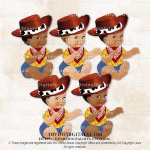 Little Cowboy - Chemise western jaune en jean avec gilet, imprimé vache, bottes, écharpe rouge | Bébé garçon assis 3 tons chair | Clipart à téléchargement immédiat