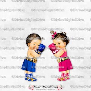Boxers Bleu roi, rose vif, champion de boxe | Bébé garçon et fille peau claire | Sexe révélateur des jumeaux | Clipart à téléchargement immédiat