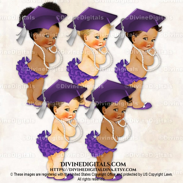 Princess Ruffle Pants Royal Purple Silver Graduation Cap Pearls Graduate | Baby Girl 3 Skin Tones | Clipart Instant Download