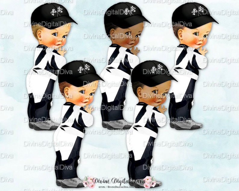 Clipart Instant Download Baby Boy 3 Skin Tones Race Car Driver Black White Overalls Jumpsuit Hat Checkered Flag Racing