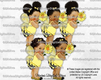 Queen Bee Princess Ruffle Pants Yellow Black Wings Daisy Flower | Baby Girl Babies of Color African American | Clipart Instant Download