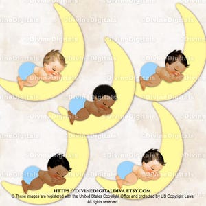Schlafender Baby Junge auf einem Halbmond Blau Hosen | 3 Hauttöne | Clipart Sofort Download