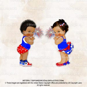Principe e Principessa Rosso Bianco Blu Scintillante Bandiera USA Baby Q BBQ / Multirazziale Tono Scuro Maschio Tono Medio Femmina / Clipart Download Istantaneo