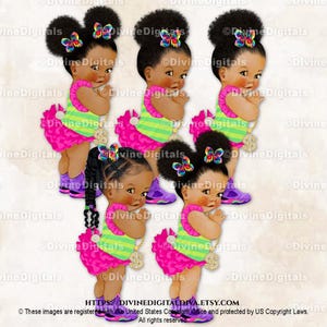 Fresh Princess - Baskets fuchsia violettes et vertes avec chaîne en or et diamants | Petite fille, bébés de couleur afro-américaine | Clipart à téléchargement immédiat