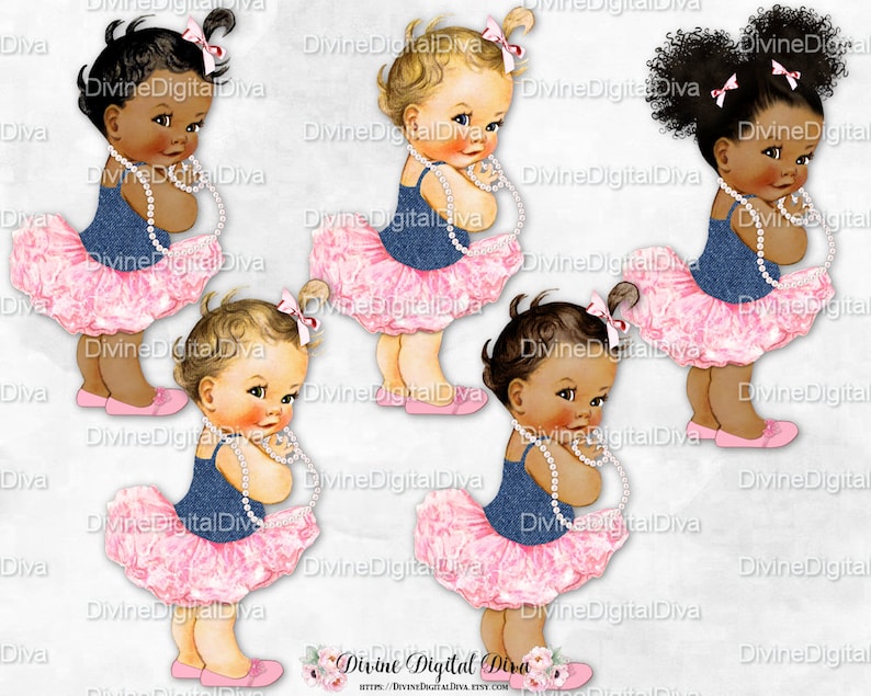 3 Skin Tones Clipart Instant Download Denim Shirt Light Pink Tutu Slippers Bows Vintage Ballerina Baby Girl