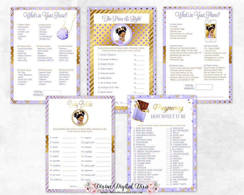 Lavender Gold Baby Shower Games Package African American Etsy