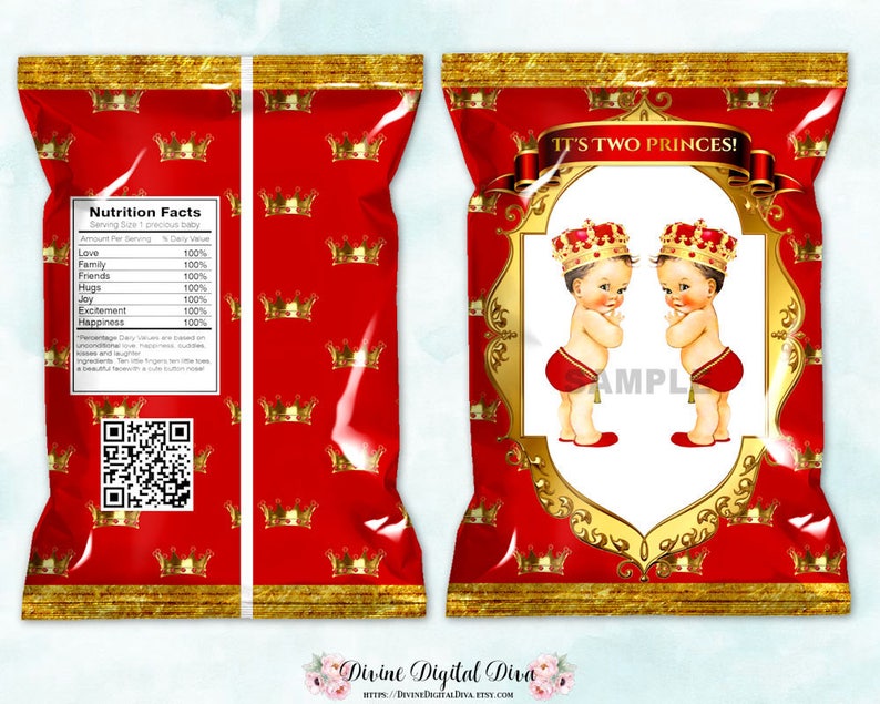 Printable Chip Bags Light Skin Tone Vintage Baby Boy Digital Instant Download 2 Little Princes Twins Red /& Gold