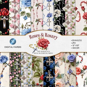 Rozen en rozenkrans kruisbeeld naadloze achtergronden digitaal papier 12 x 12 JPG roze rood goud roze blauw doop doop bruiloft geloof CU