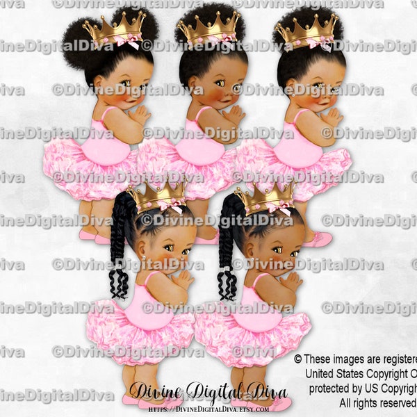 Princess Ballerina Light Pink Tutu Gold Crown | Baby Girl Babies of Color African American Ethnic | Clipart Instant Download