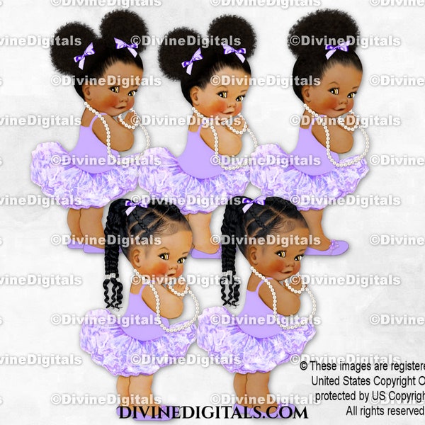 Princess Ballerina Lavender Tutu Pearls | Baby Girl Babies of Color Braids Puffs | Clipart Instant Download
