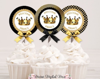 3 Designs Cupcake Topper 2 Inch Circles | Royal Black & Gold Crowns Welcome Prince | Digital Instant Download