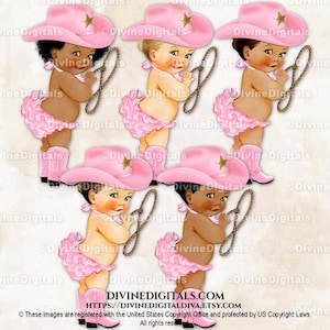 Little Cowgirl roze ruches broek hoed laarzen sjaal lasso | Babymeisje: 3 huidskleuren | Clipart direct downloaden