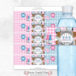 Etichetta per bottiglia d'acqua con motivo a quadri rosa e blu Little Chefs, per rivelare il sesso del bambino, per barbecue, per bambina, in tonalità scura / Clipart da scaricare immediatamente
