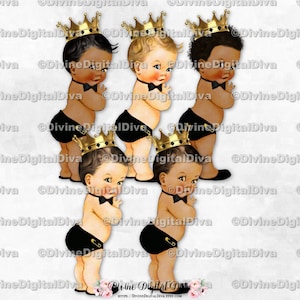 Piccolo Principe Corona d'Oro Pannolino Nero Papillon / Neonato 3 Tonalità di Pelle / Clipart Download Istantaneo