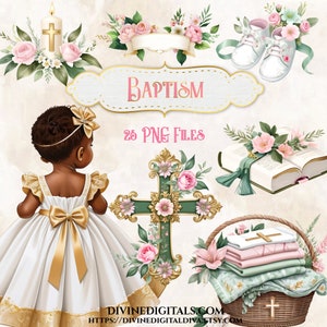 Battesimo Battesimo Bibbia Banner Angelo Croce Candele Cesto regalo Bambina Afroamericana Tono scuro Rosa Salvia PNG Clipart Scarica CU