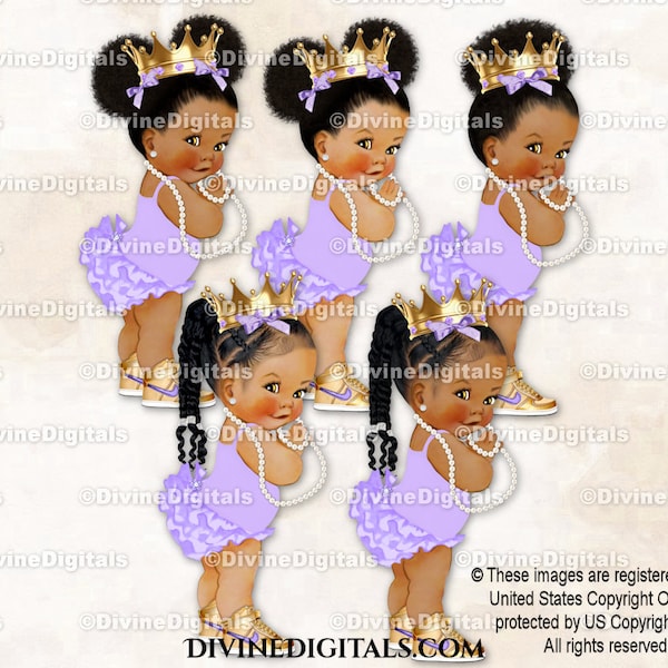 Lavender Ruffle Pants Sneakers Pearls Gold Crown | Baby Girl Babies of Color Puffs Braids | Clipart Instant Download