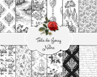 French Toile de Jouy Noire et Blanche Black White | Backgrounds Digital Paper Pack | Instant Download