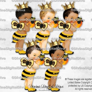 Little Prince Bumble Bee Yellow Black Stripes Wings Stinger Gold Crown Honey Jar | Baby Boy 3 Skin Tones | Clipart Instant Download