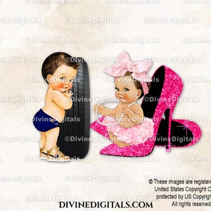 à roulettes ou à talons bleu marine, perles roses fuchsia à gros noeuds | Ton clair bébé garçon fille | Sexe révélateur des jumeaux | Clipart à téléchargement immédiat