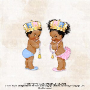 Prince & Princess Pink Blue White Tassel Gold Crown Baby Boy Girl Dark Tone Puffs Clipart