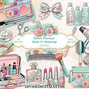 36 Retro Floral Makeup Artist Cosmetic Bag Case Hair Stylist Tools Scissors Blow Dryer Soaps Lipstick Eyeshadow Palettes Clipart Digital