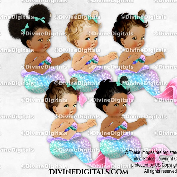 Mermaid Pink Lavender Seafoam Green Turquoise Tail Clamshell Top | Sitting Baby Girl 3 Skin Tones | Clipart Instant Download