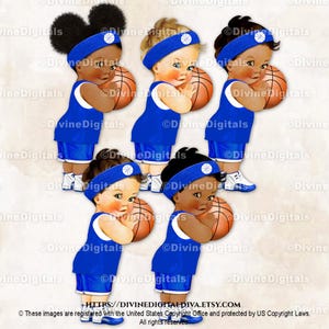 Baskets bleu royal et blanc Player Short Sports de ballon | 3 tons de peau de bébé fille | Clipart à téléchargement immédiat
