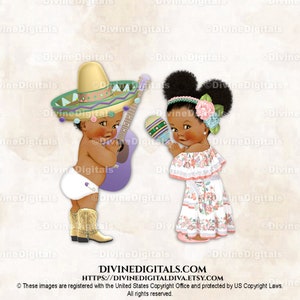 Mexico Mariachi Sombrero Mexicaanse Jalisco-jurk Pastelkleuren Gitaar Maracas | Donkere toon jongen meisje gender onthullende tweeling | Clipart direct downloaden