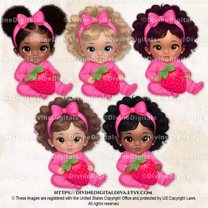 Thème fraise bébé fille Clipart, noeud rose fuchsia, Shower de bébé aux fraises, anniversaire aux fraises, téléchargement immédiat PNG