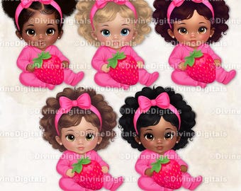 Clipart fraise bébé fille rose fuchsia avec gros noeuds